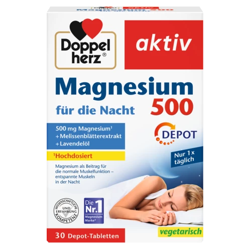 Abbildung der Produktverpackung Doppelherz aktiv Magnesium 500 für die Nacht Frontansicht